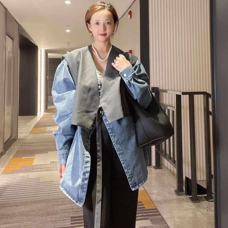 モード系ファッション デニム切替オーバーサイズコート