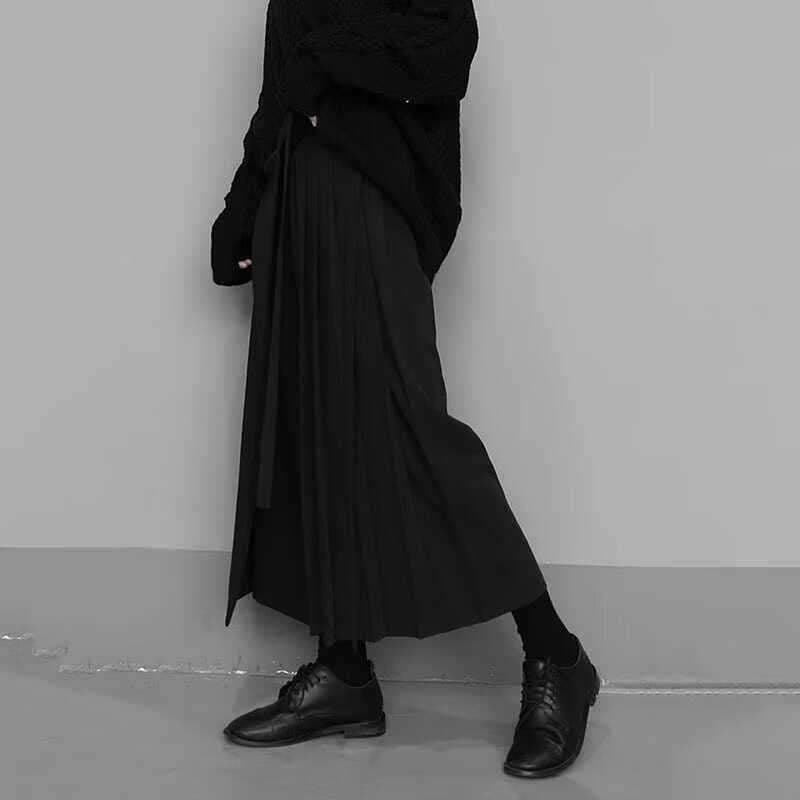 モード系ファッション プリーツ切り替えラップスカート風ワイドパンツ