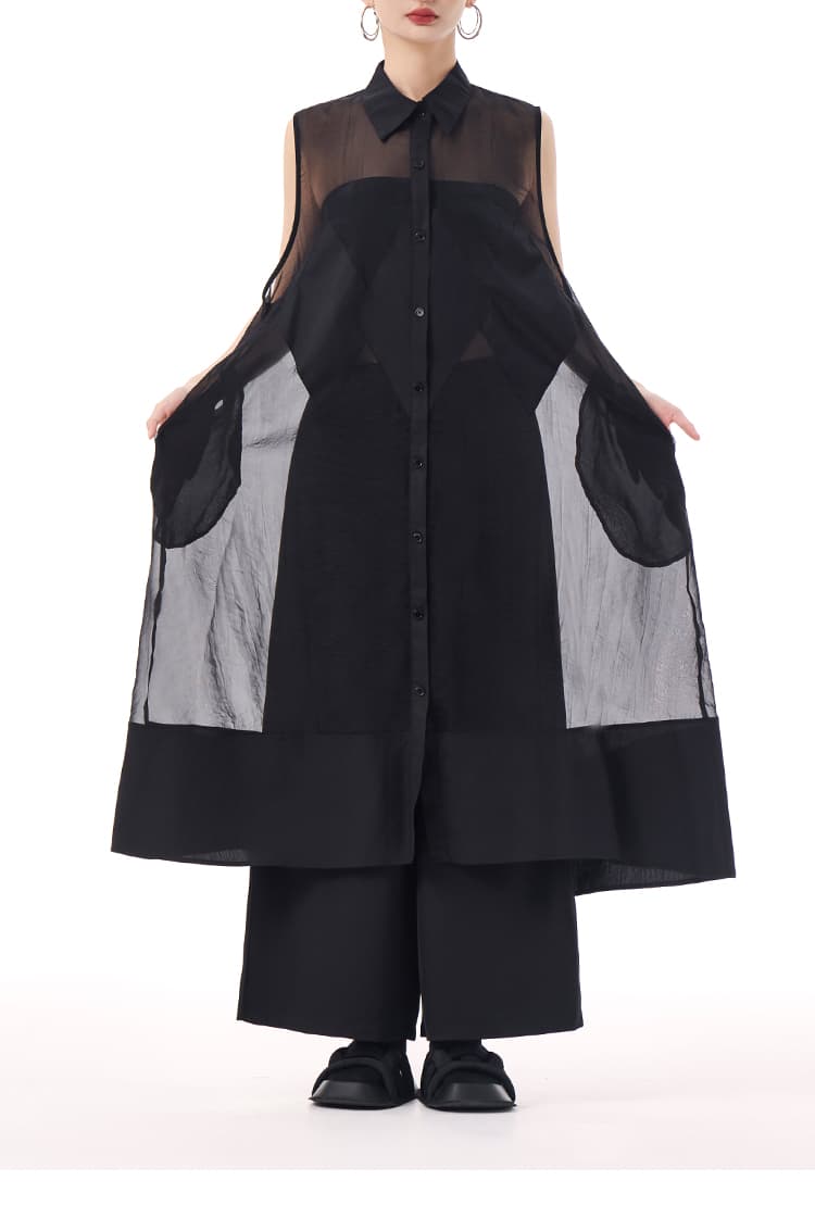 モード系 モード感溢れるシアーロングシャツ｜ノースリーブ・透け感・アシンメトリーデザイン・ホワイト／ブラック