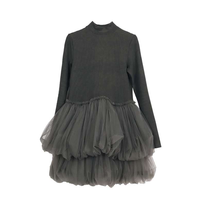 モード系ファッション エコシックなチュール2段バルーンワンピース