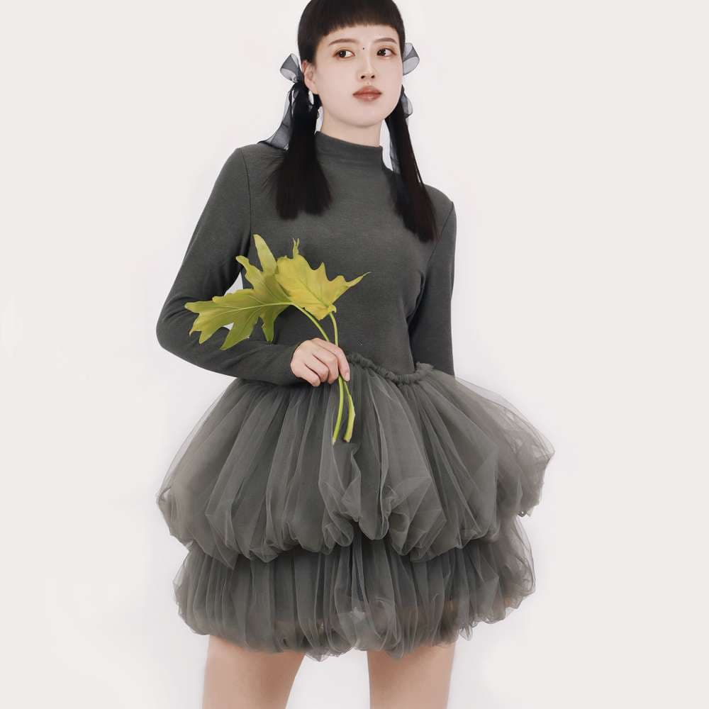 モード系ファッション エコシックなチュール2段バルーンワンピース