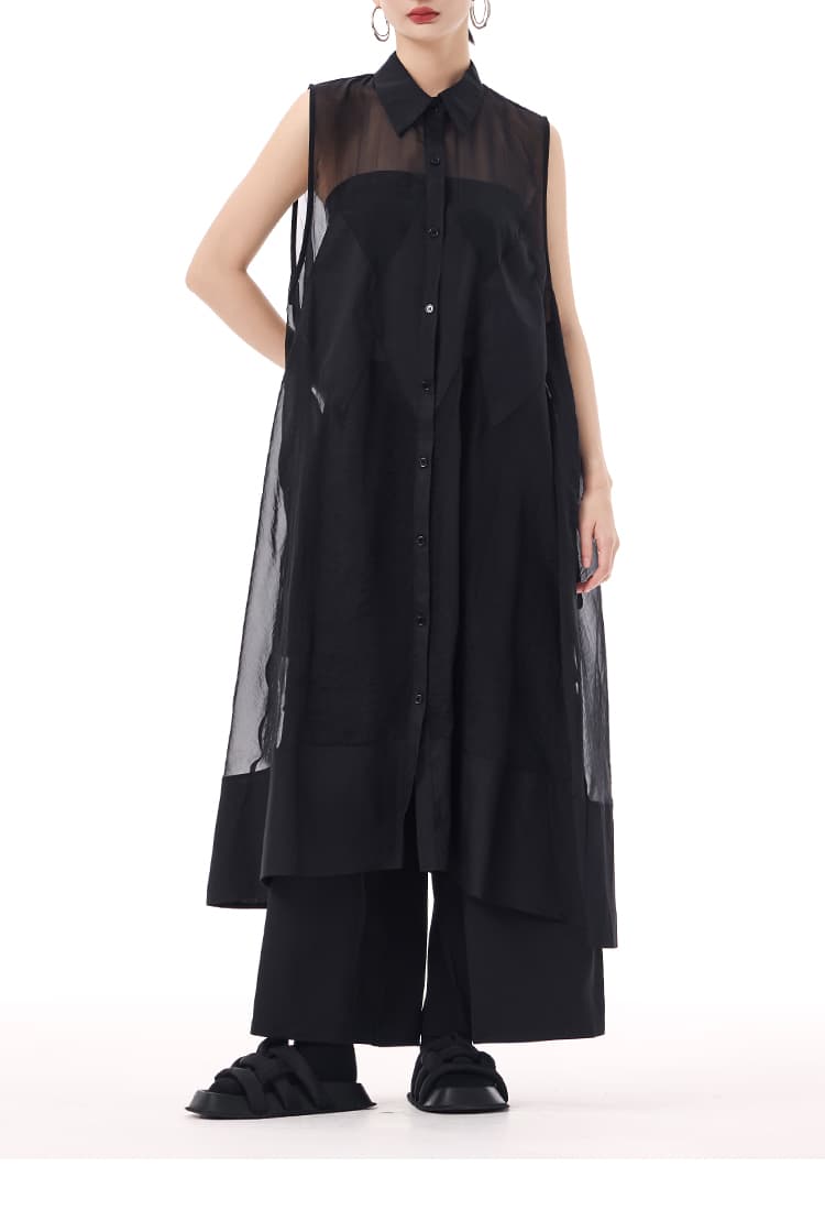 モード系 モード感溢れるシアーロングシャツ｜ノースリーブ・透け感・アシンメトリーデザイン・ホワイト／ブラック