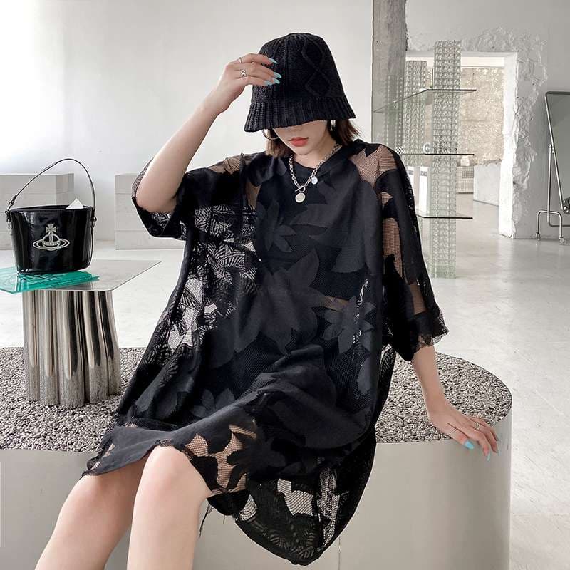 モード系ファッション 花柄シースルー オーバーサイズ ワンピース