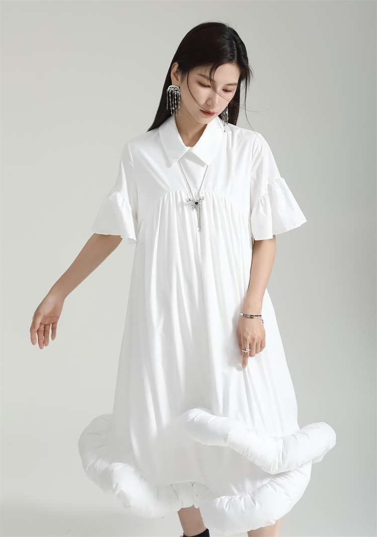 モード系ファッション立体カットデザイン ワンカラー フレアワンピー