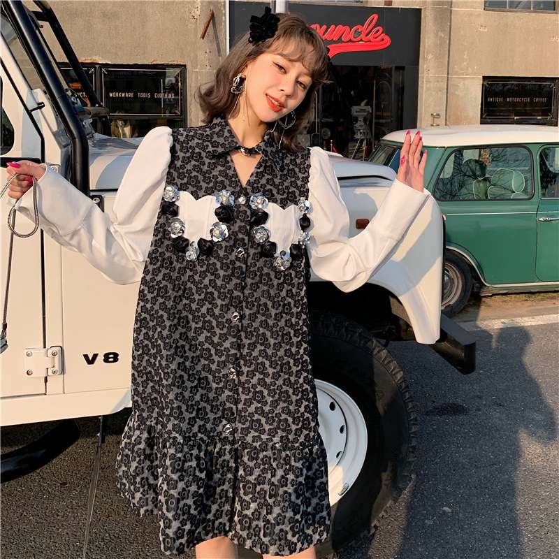モード系ファッション ヴィンテージ風レオパード柄パフスリーブワンピース