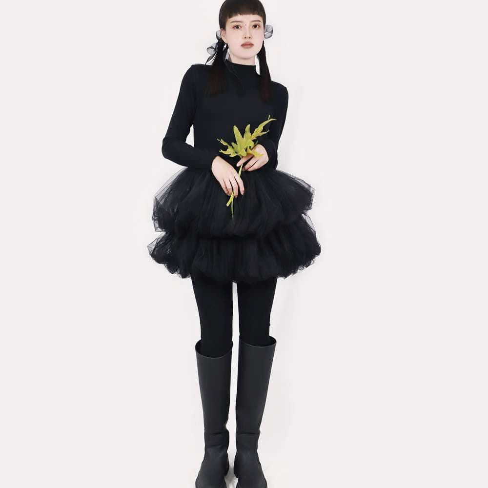 モード系ファッション エコシックなチュール2段バルーンワンピース