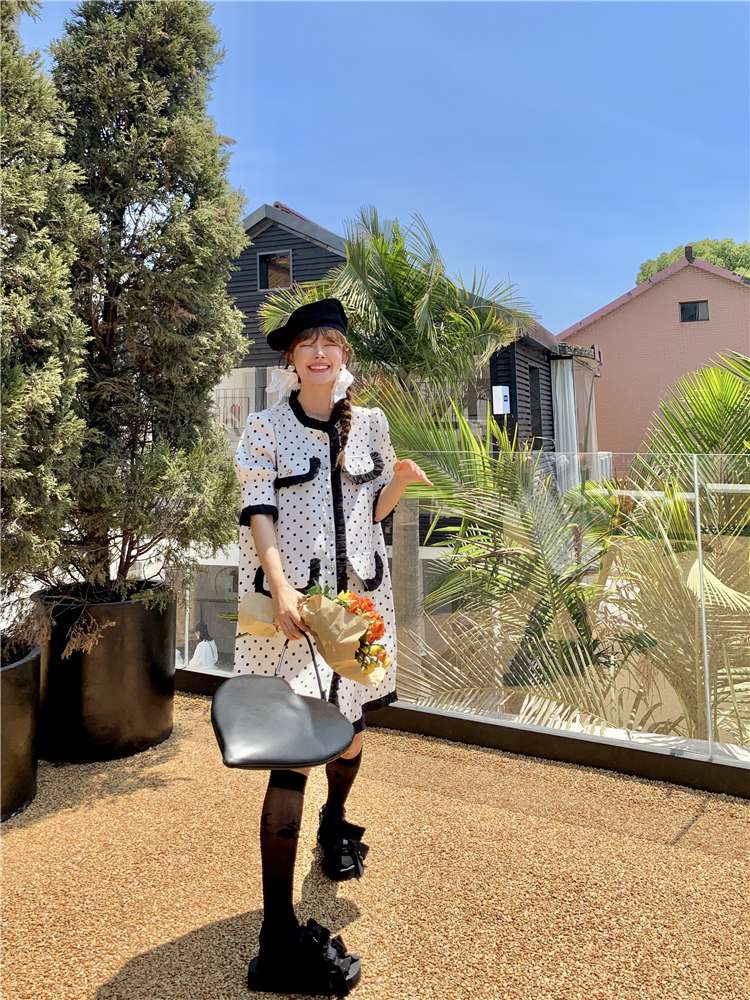 モード系ファッション レトロポルカドット柄ツーピースセット