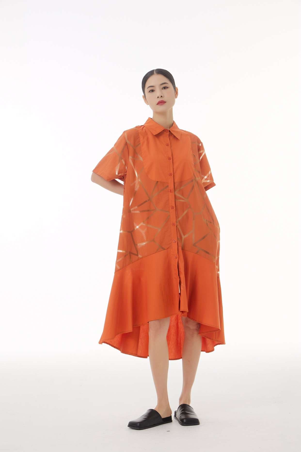 モード系ファッション 【M〜2XL対応】幾何学柄シースルー×シャツデザインワンピース（3色展開）