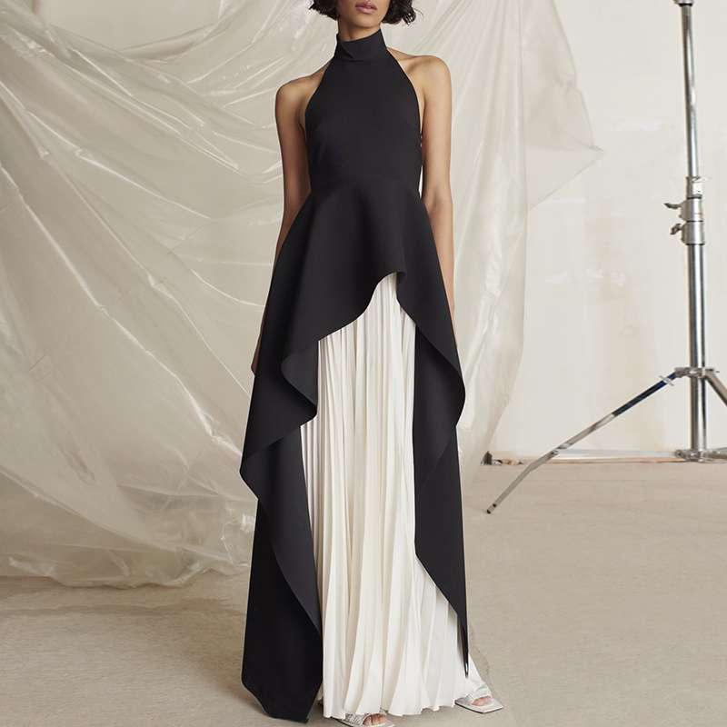 モード系ファッション モノトーンコントラストプリーツドレス