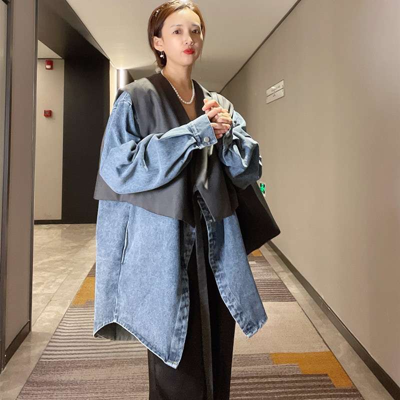 モード系ファッション デニム切替オーバーサイズコート