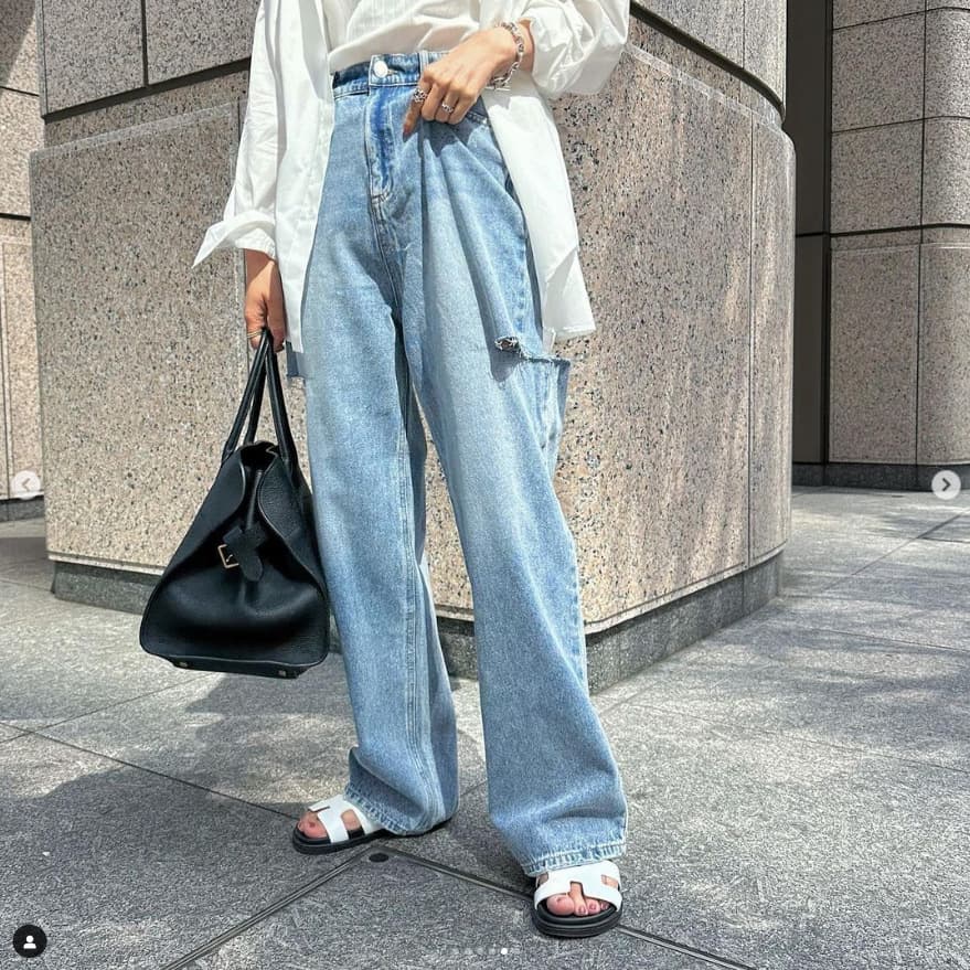 モード系ファッション ルーズフィット プチプラダメージデニムパンツ