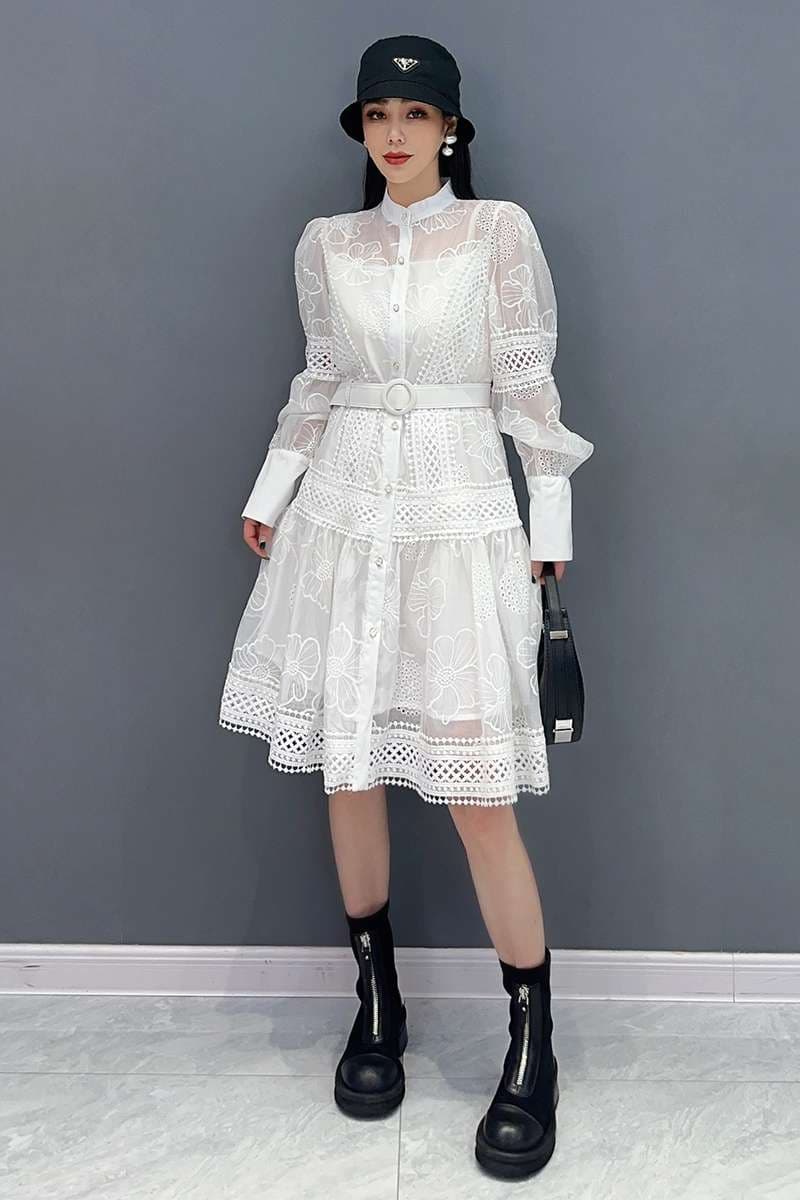 モード系ファッション エレガントレースシアードレス 白黒2色展開