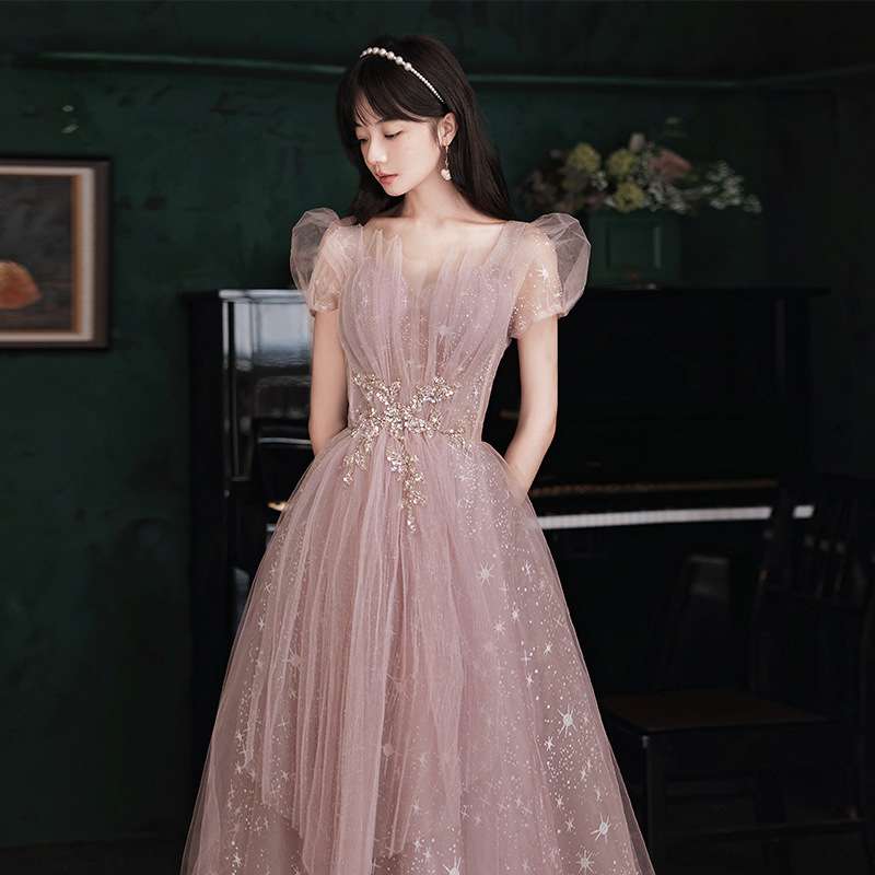 モード系ファッション 星空のような輝きのチュールロングドレス