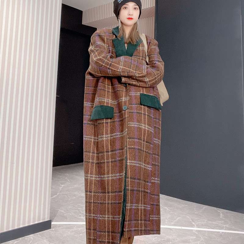 モード系ファッション レトロチェック柄ロングウールコート