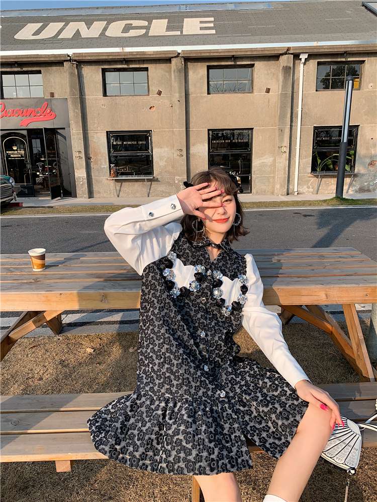 モード系ファッション ヴィンテージ風レオパード柄パフスリーブワンピース