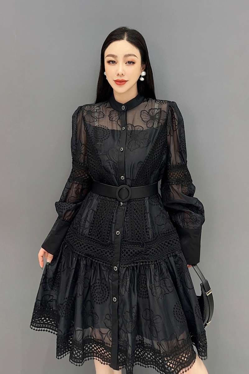 モード系ファッション エレガントレースシアードレス 白黒2色展開