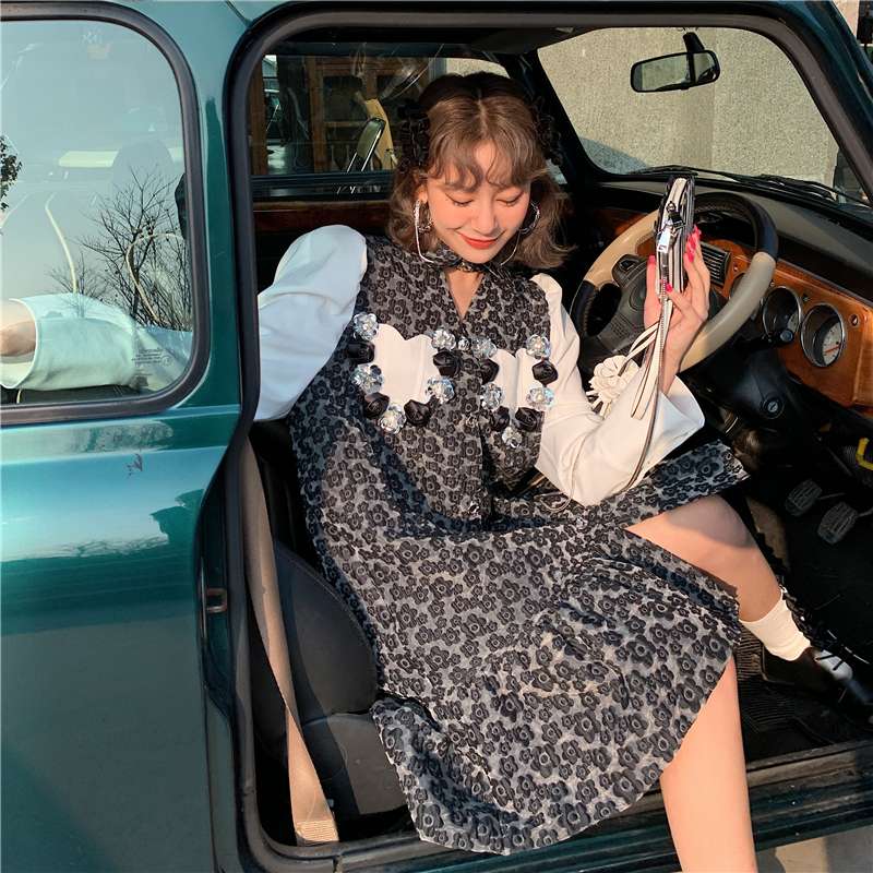 モード系ファッション ヴィンテージ風レオパード柄パフスリーブワンピース