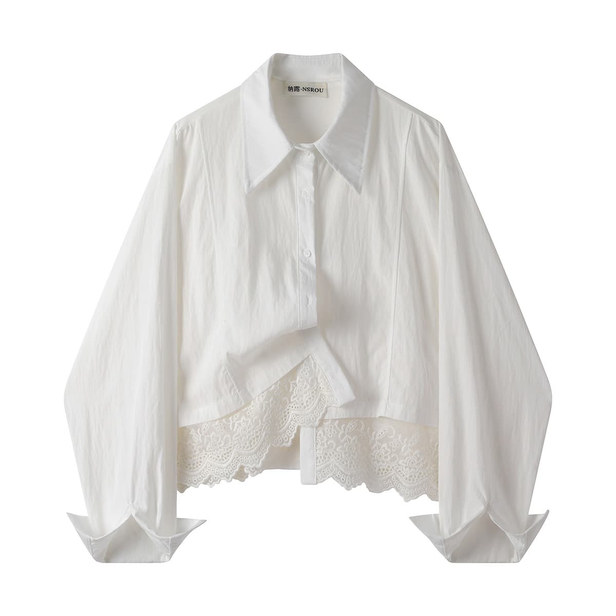 モード系 【M〜XL相当】レース切替 ショート丈シャツ｜レディース シアー レース ブラウス