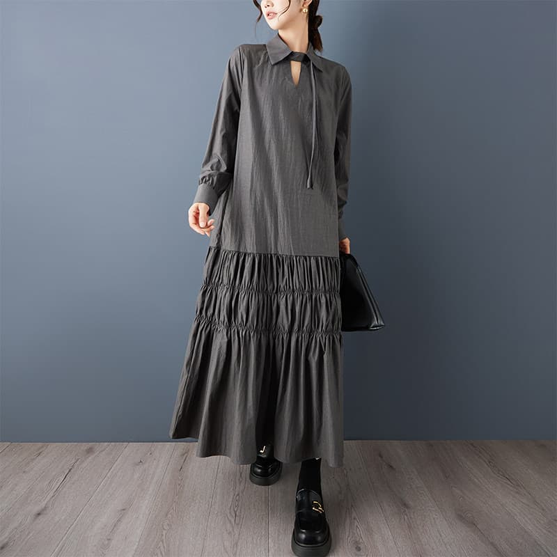 モード系 【M〜3XL対応】襟デザイン×ティアード切替 ロングシャツワンピース