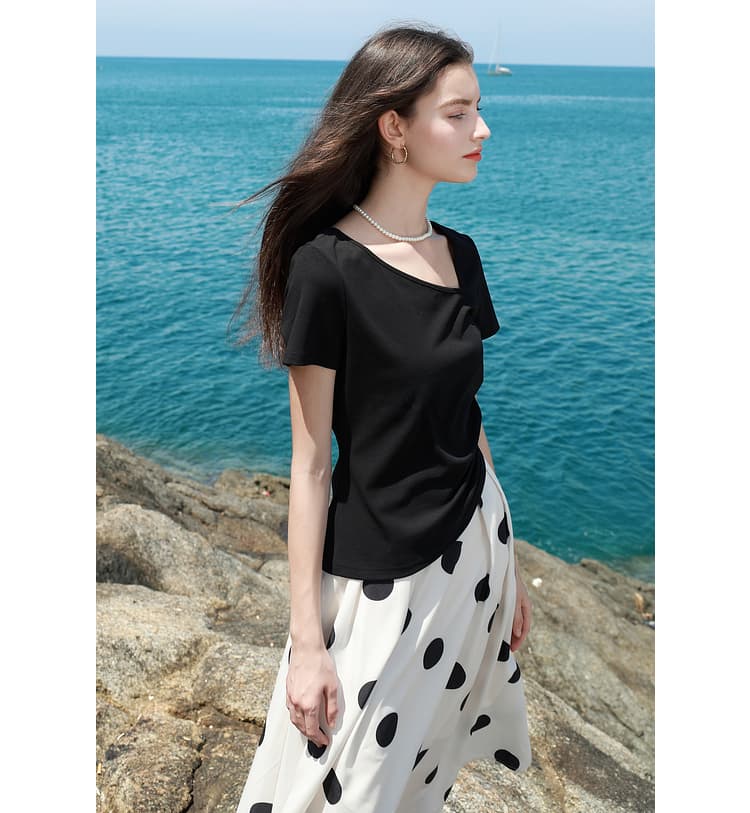 モード系 骨格ストレートに映える｜上質新疆綿カッターシャツ風Tシャツ【ブラック】