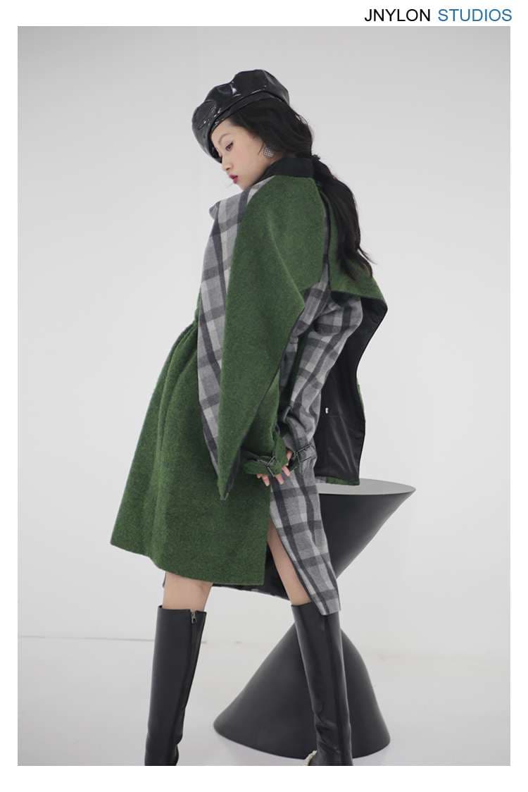 モード系ファッション エレガントチェック柄グリーンケープコート