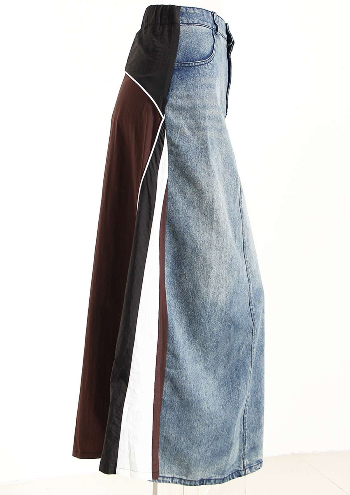 モード系ファッション デニムパネルコントラストマキシスカート