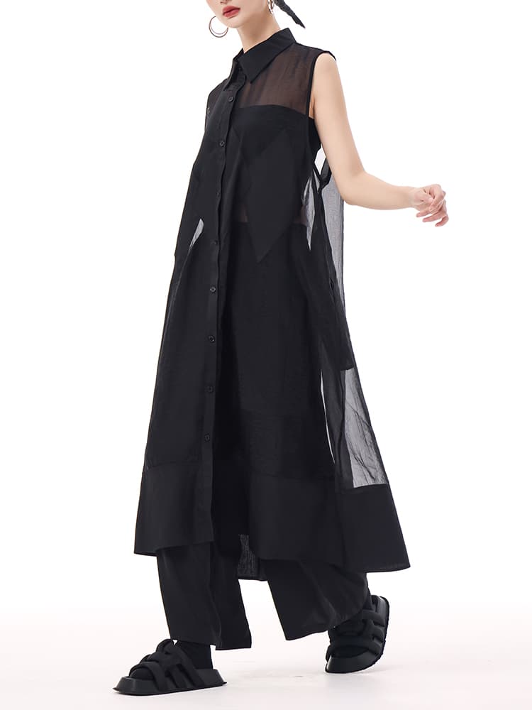 モード系 モード感溢れるシアーロングシャツ｜ノースリーブ・透け感・アシンメトリーデザイン・ホワイト／ブラック
