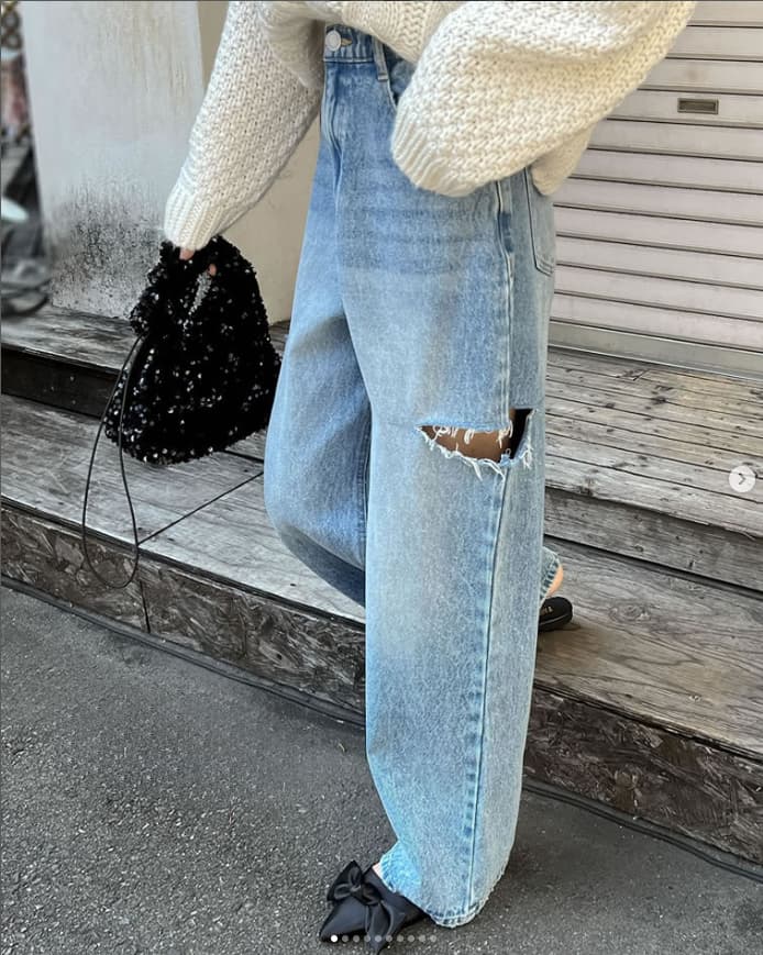 モード系ファッション ルーズフィット プチプラダメージデニムパンツ