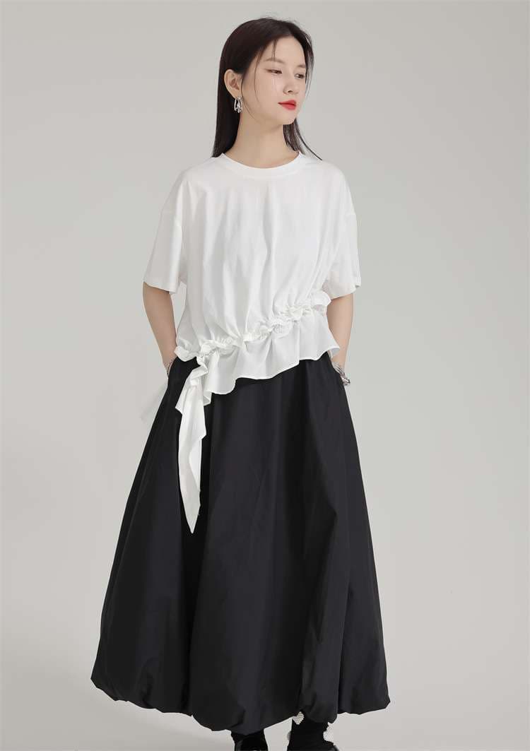 モード系ファッション モノトーンバルーンスカート ハイウエスト切り替え
