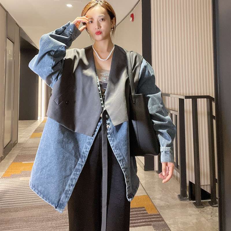 モード系ファッション デニム切替オーバーサイズコート