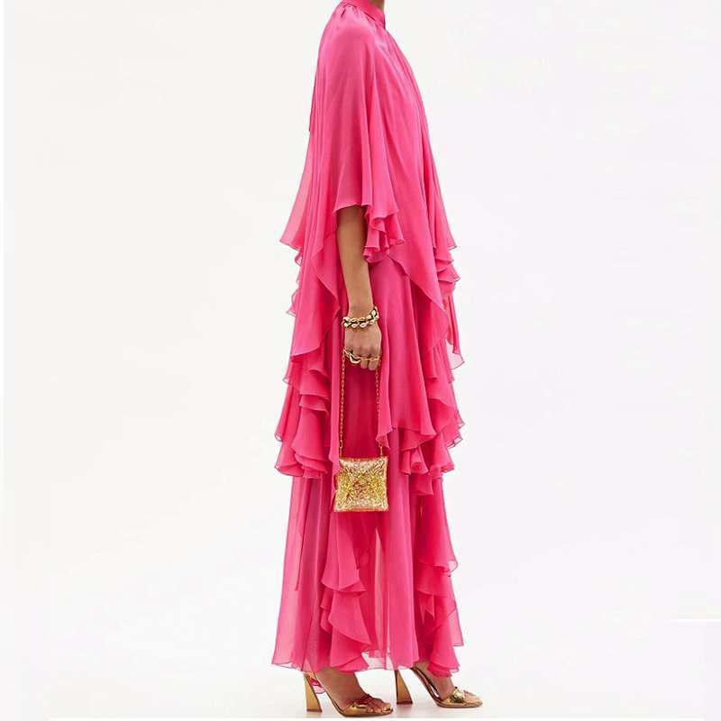 モード系ファッション フューシャピンク・カスケーディングラッフルドレス