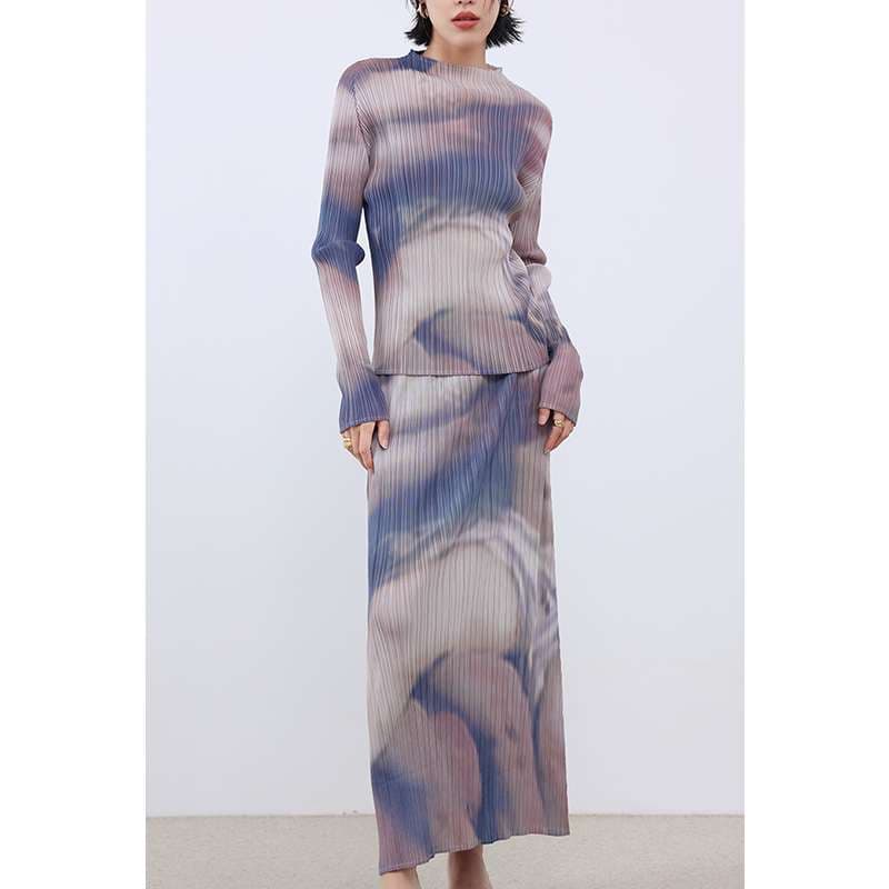 モード系ファッション グラデーションプリーツロングドレス