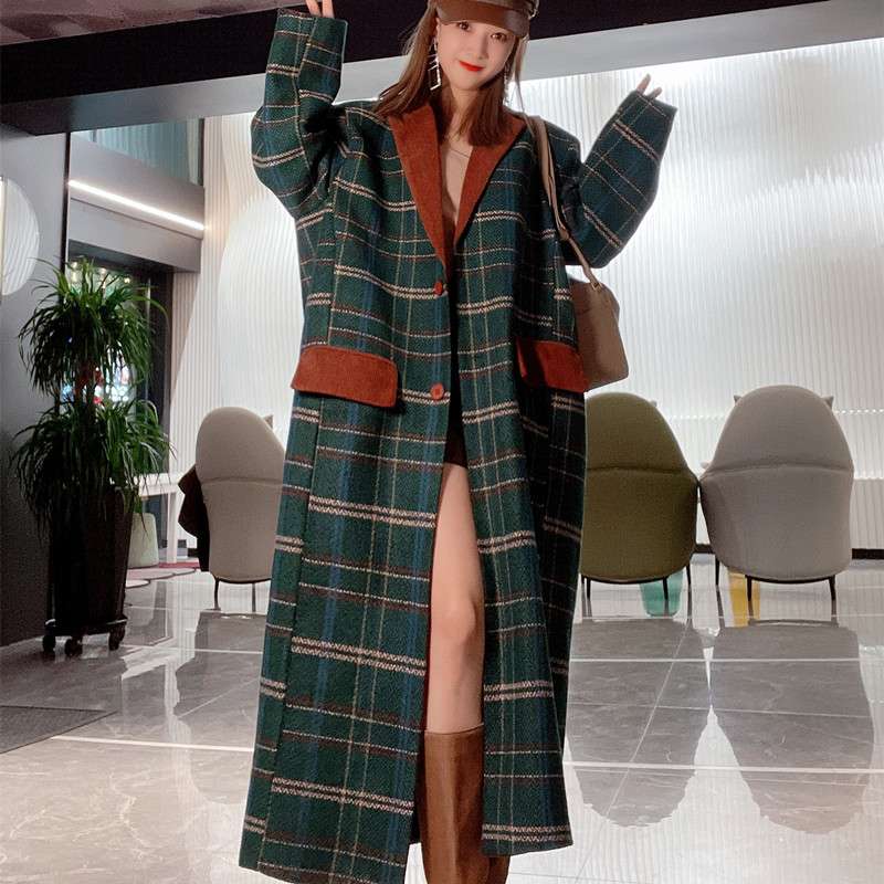 モード系ファッション レトロチェック柄ロングウールコート