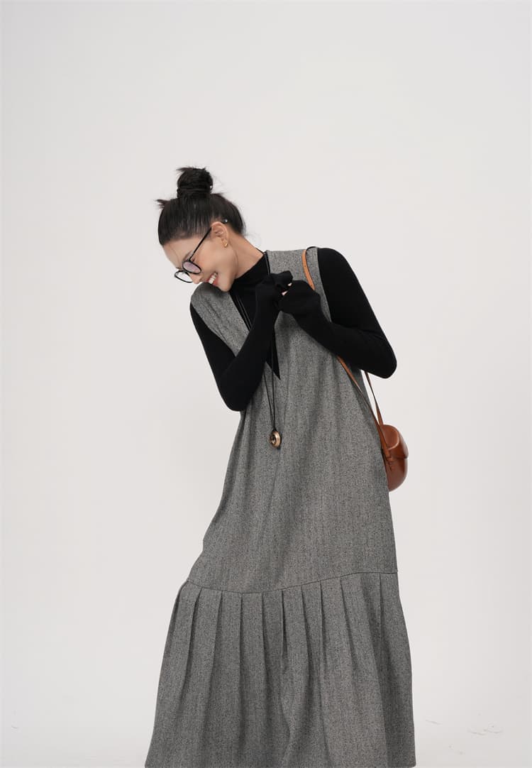 モード系 【S〜XL】深V×起毛ツイード見え フィッシュテールワンピース