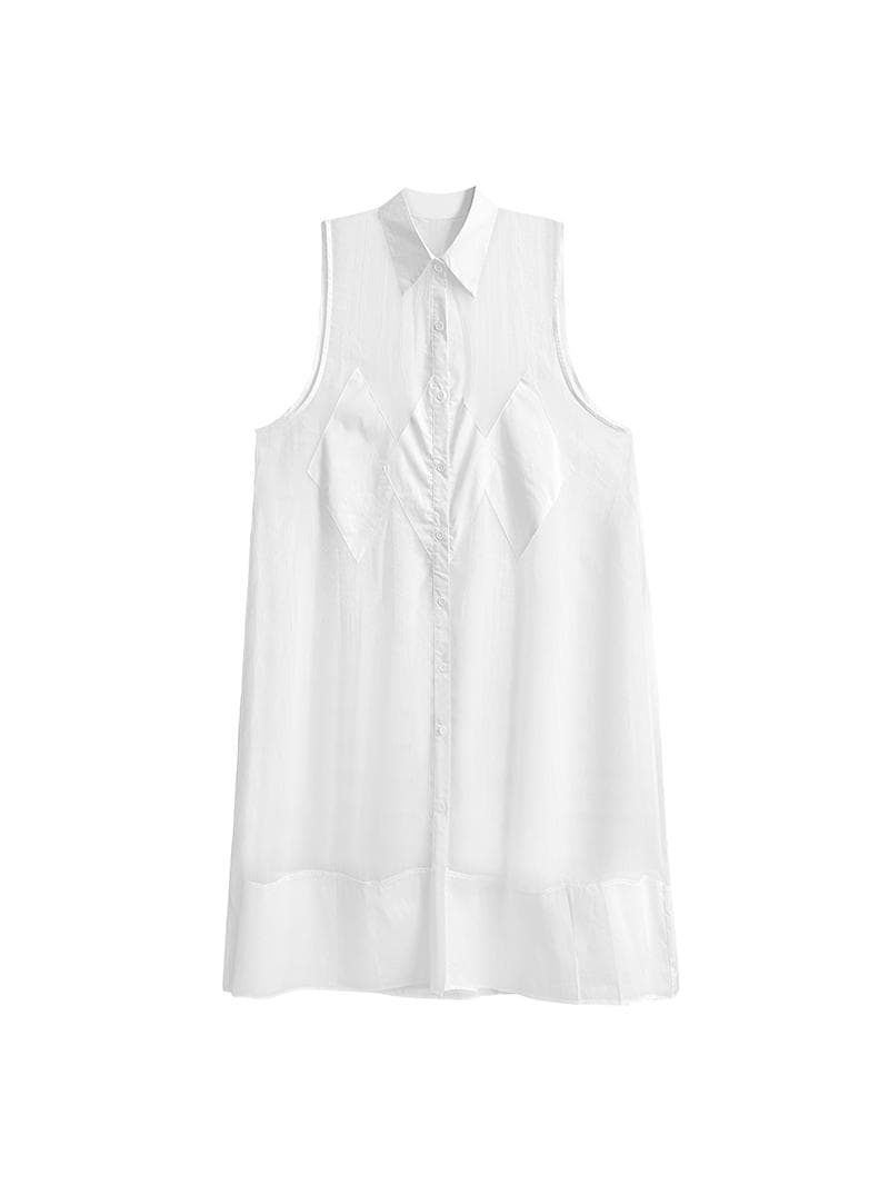 モード系 モード感溢れるシアーロングシャツ｜ノースリーブ・透け感・アシンメトリーデザイン・ホワイト／ブラック