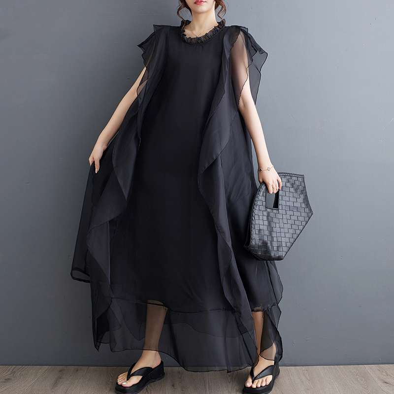 モード系ファッション 【フリーサイズ／ゆったり設計】アシンメトリーレイヤード×シアーワンピース（ブラック）