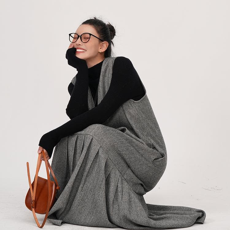 モード系 【S〜XL】深V×起毛ツイード見え フィッシュテールワンピース