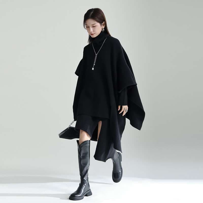 モード系ファッション 【体型カバー×モード映え】アシンメトリーニットワンピース〈グレー〉フリル袖×ハイネック／秋冬ロング丈