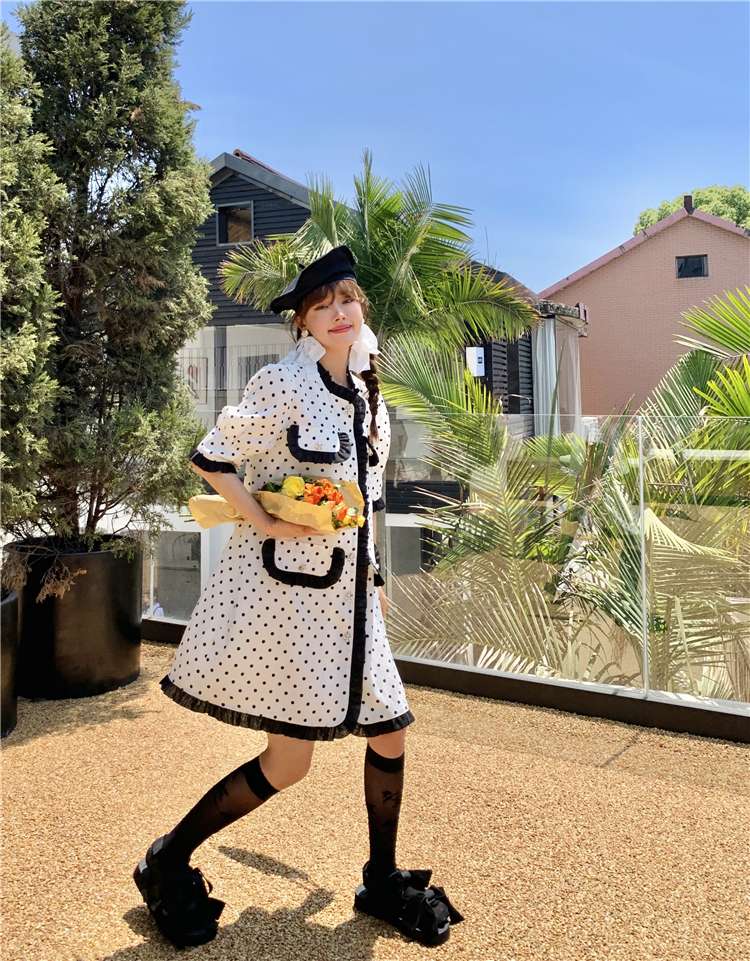 モード系ファッション レトロポルカドット柄ツーピースセット