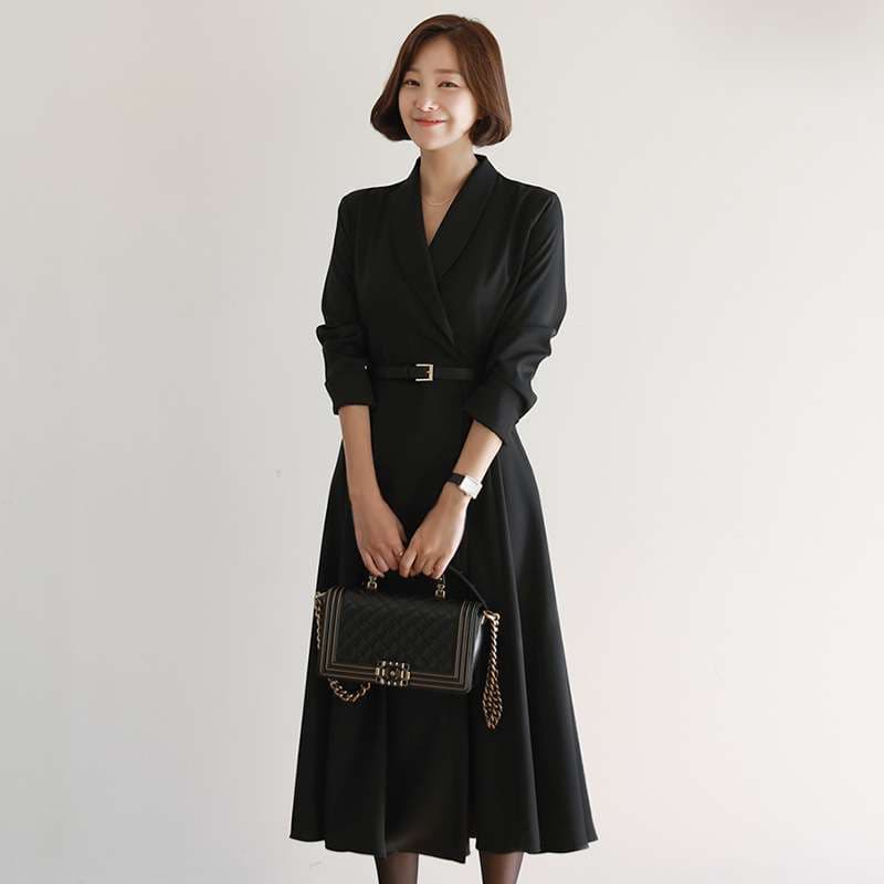 モード系ファッション エレガントベルテッドロングワンピース