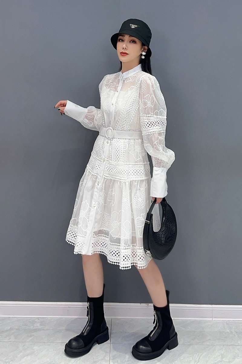 モード系ファッション エレガントレースシアードレス 白黒2色展開