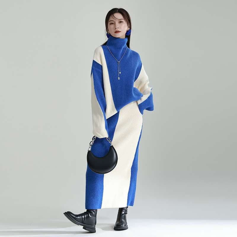 モード系ファッション 【ワンサイズ対応】バイカラー配色リブニットスカート（ブラック／ブルー）