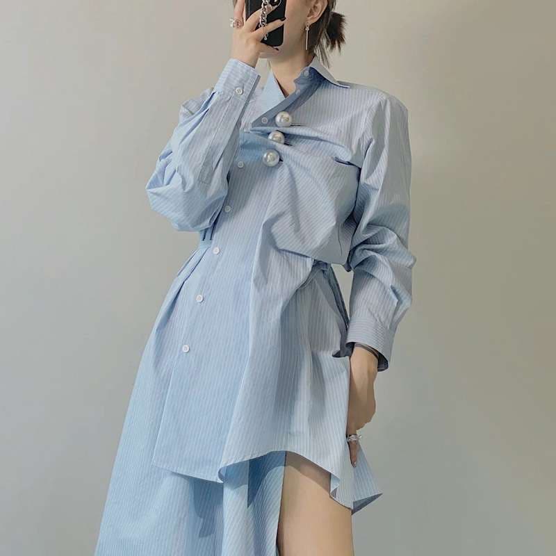 モード系ファッション アシンメトリーデザイン ストライプシャツドレス