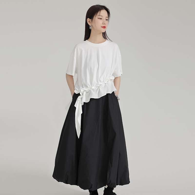 モード系ファッション モノトーンバルーンスカート ハイウエスト切り替え