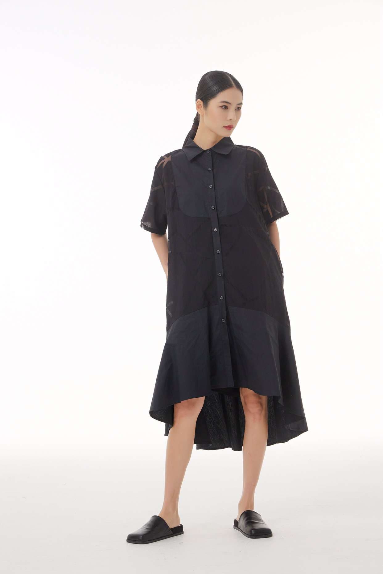 モード系ファッション 【M〜2XL対応】幾何学柄シースルー×シャツデザインワンピース（3色展開）