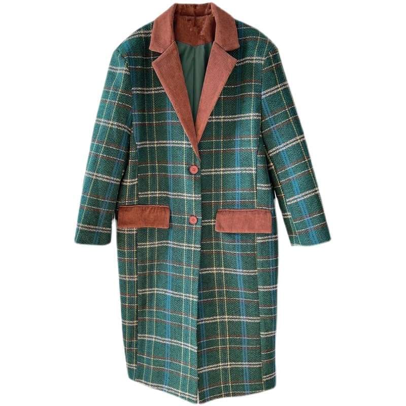 モード系ファッション レトロチェック柄ロングウールコート