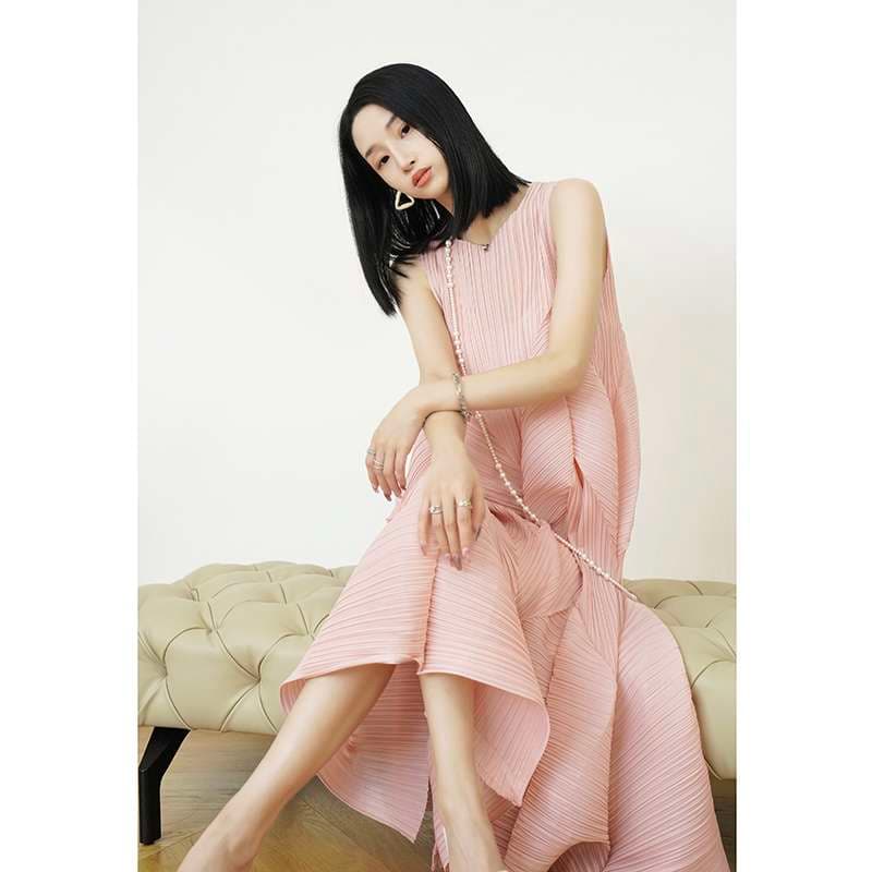 モード系ファッション エレガントミントグリーンプリーツドレス