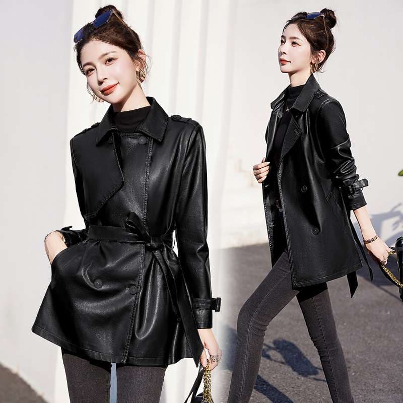 モード系ファッション スタイリッシュレザー風トレンチコート