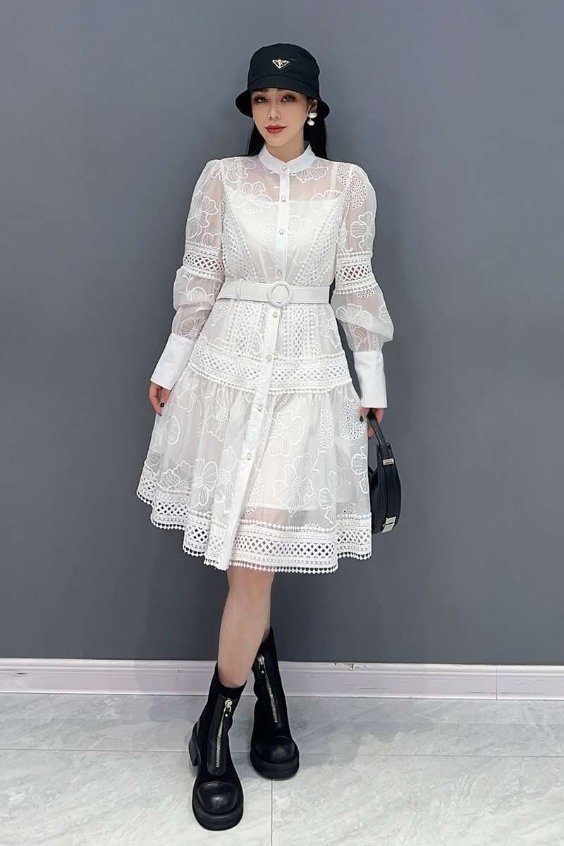 モード系ファッション エレガントレースシアードレス 白黒2色展開