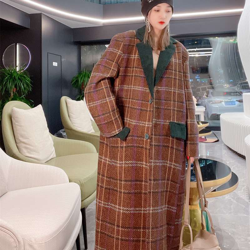 モード系ファッション レトロチェック柄ロングウールコート